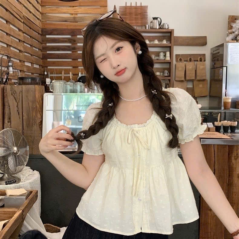 Áo kiểu nữ YUMMY dáng babydoll viền bèo thắt nơ, Áo sơ mi dáng suông rộng phong cách Hàn Quốc S11 | BigBuy360 - bigbuy360.vn