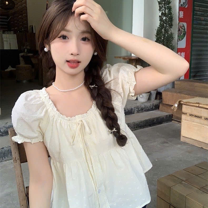 Áo kiểu nữ YUMMY dáng babydoll viền bèo thắt nơ, Áo sơ mi dáng suông rộng phong cách Hàn Quốc S11 | BigBuy360 - bigbuy360.vn