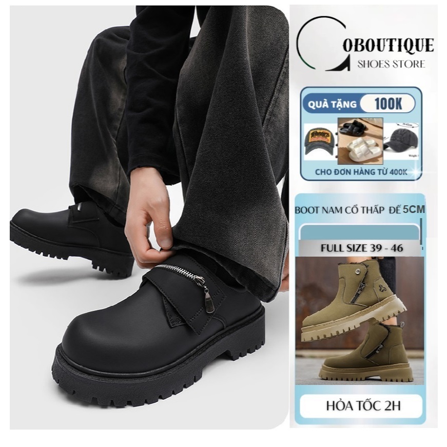 [ CAO CẤP SIZE 39 ĐẾN 46 ] Giày tây nam đế cao khóa nút xoay quai dán bốt nam boot Chunky Derby 5cm chống trượt SM022