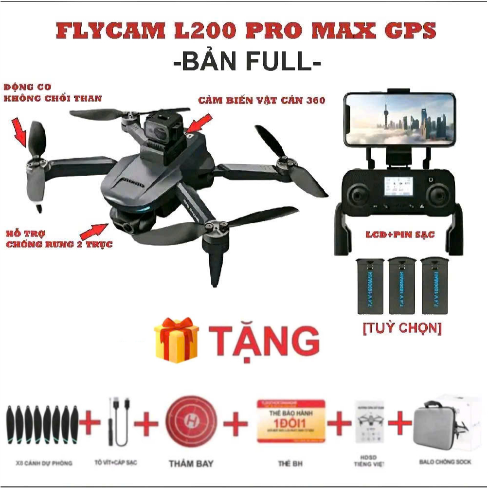 Flycam L200 PRO MAX UPDATE CAMERA 4K +GPS +CHỐNG RUNG+ 2CAMERA+HỖ TRỢ THẺ NHỚ 2025