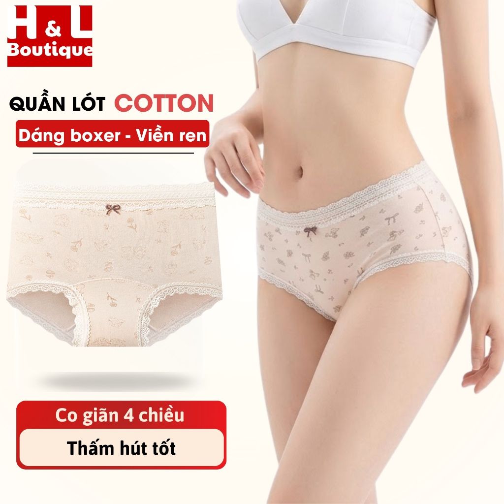 Quần Lót Nữ Cotton Họa Tiết Nhí Nơ Xinh, Quần Boxer Viền Ren Mềm Mịn Thoáng Khí HL BOUTIQUE L5272