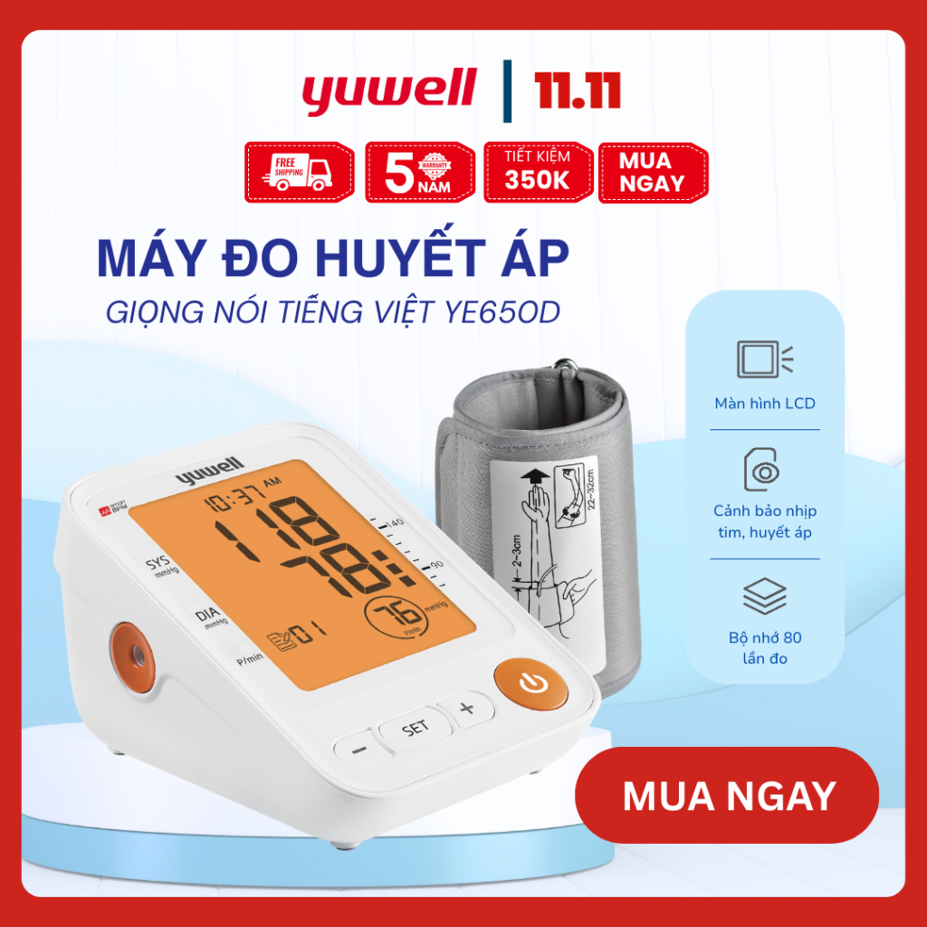 Máy đo huyết áp Giọng nói Tiếng Việt Yuwell YE650D [chính hãng Yuwell Bảo hành 5 năm]