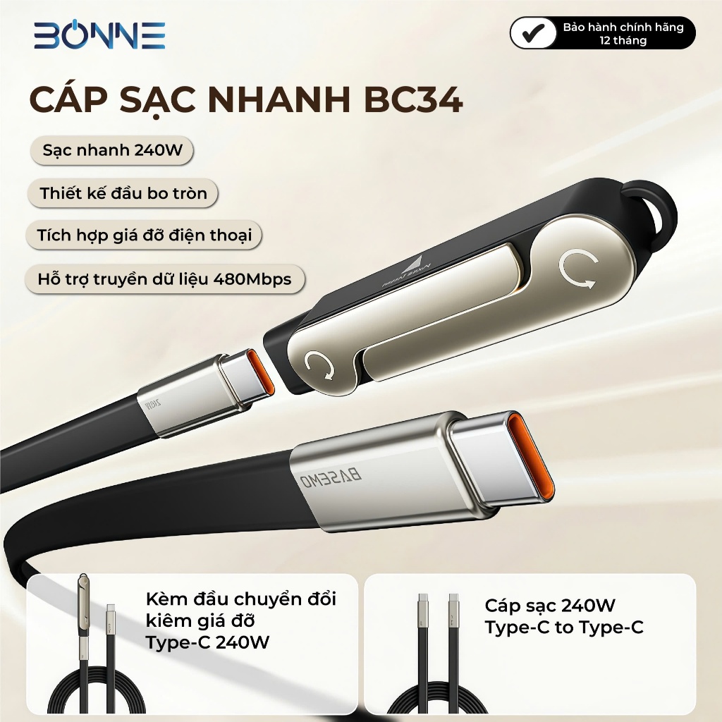 Cáp sạc nhanh kiêm giá đỡ BC34, sạc nhanh 240W chính hãng by BONNE, cáp sạc chơi game dài 1,5 mét