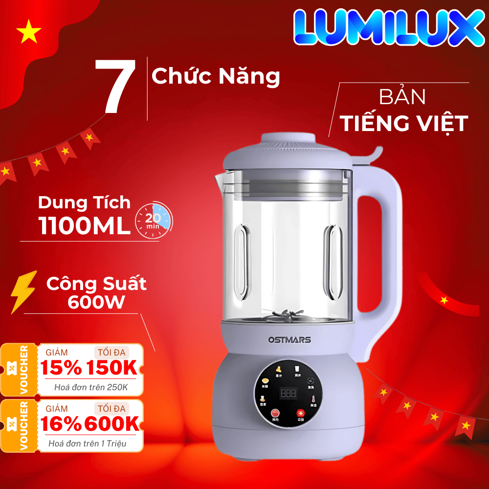 Máy Làm Sữa Hạt OSTMARS Thủy Tinh 10 Lưỡi Xay , Máy Nấu Sữa Hạt Bản Tiếng Việt Dễ Dàng Sử Dụng