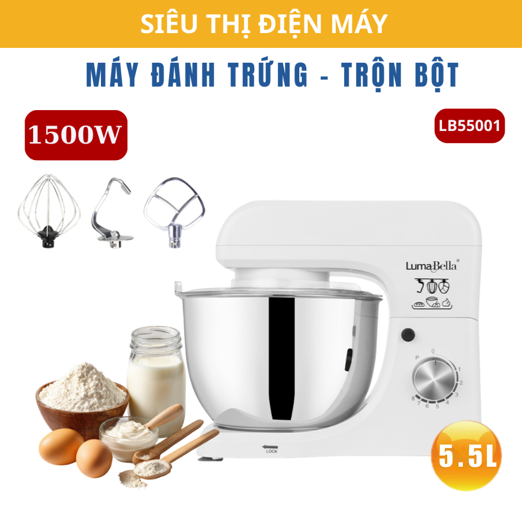 Máy đánh trứng trộn bột để bàn Lumabella LB-55001 công suất lớn 2000W, cối inox 6.2L trộn bột, nhào bột tự động