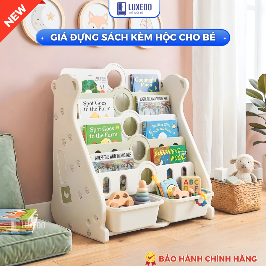 Giá Sách Kèm Kệ Đựng Đồ Chơi Cho Bé, Kệ Sách Nhiều Tầng Kèm 2 Hộc Để Đồ Họa Tiết Gấu Voi Ngộ Nghĩnh 