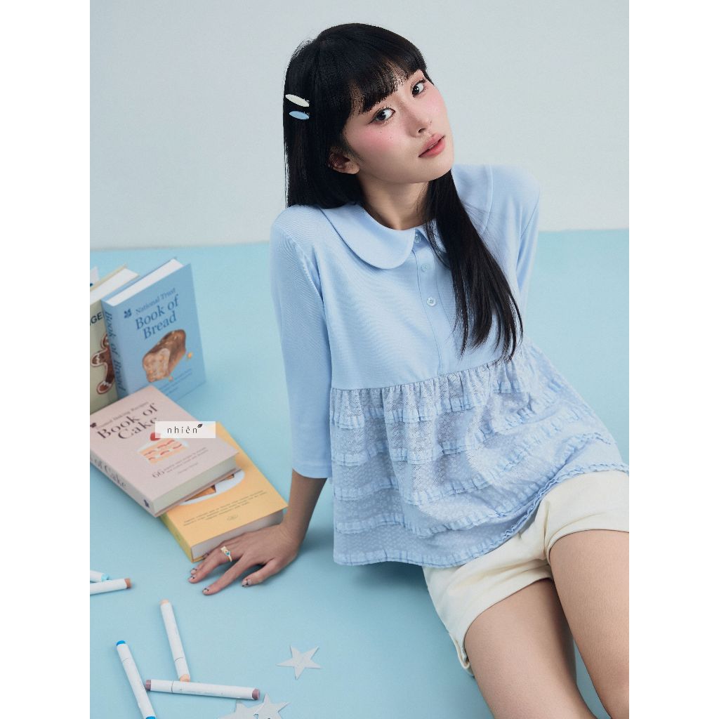 𝐅𝐢𝐨𝐧𝐚 𝐓𝐨𝐩 - Áo babydoll nữ, áo thun kiểu nữ cổ sen tay lửng nhien.official NAS00044