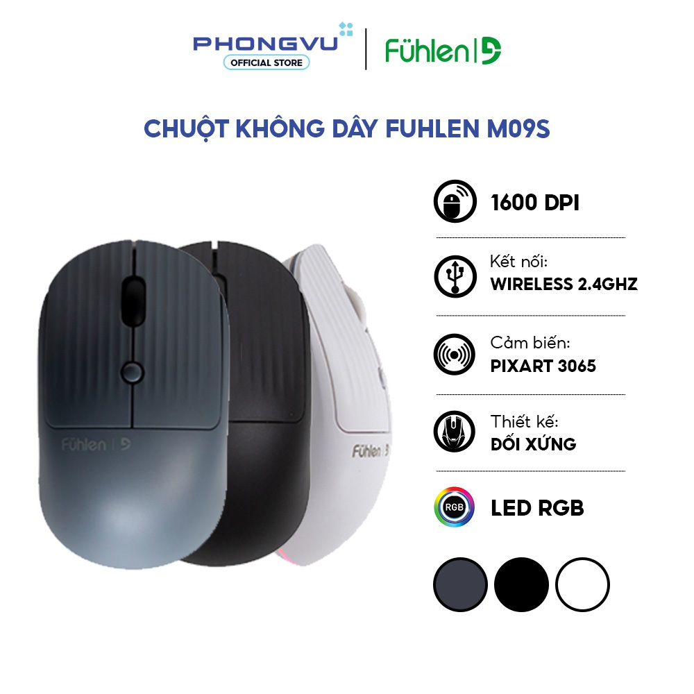 Chuột không dây Fuhlen M09S - Thiết kế đối xứng - Switch Huano bền bỉ - 1600 DPI - Bảo hành 24 tháng