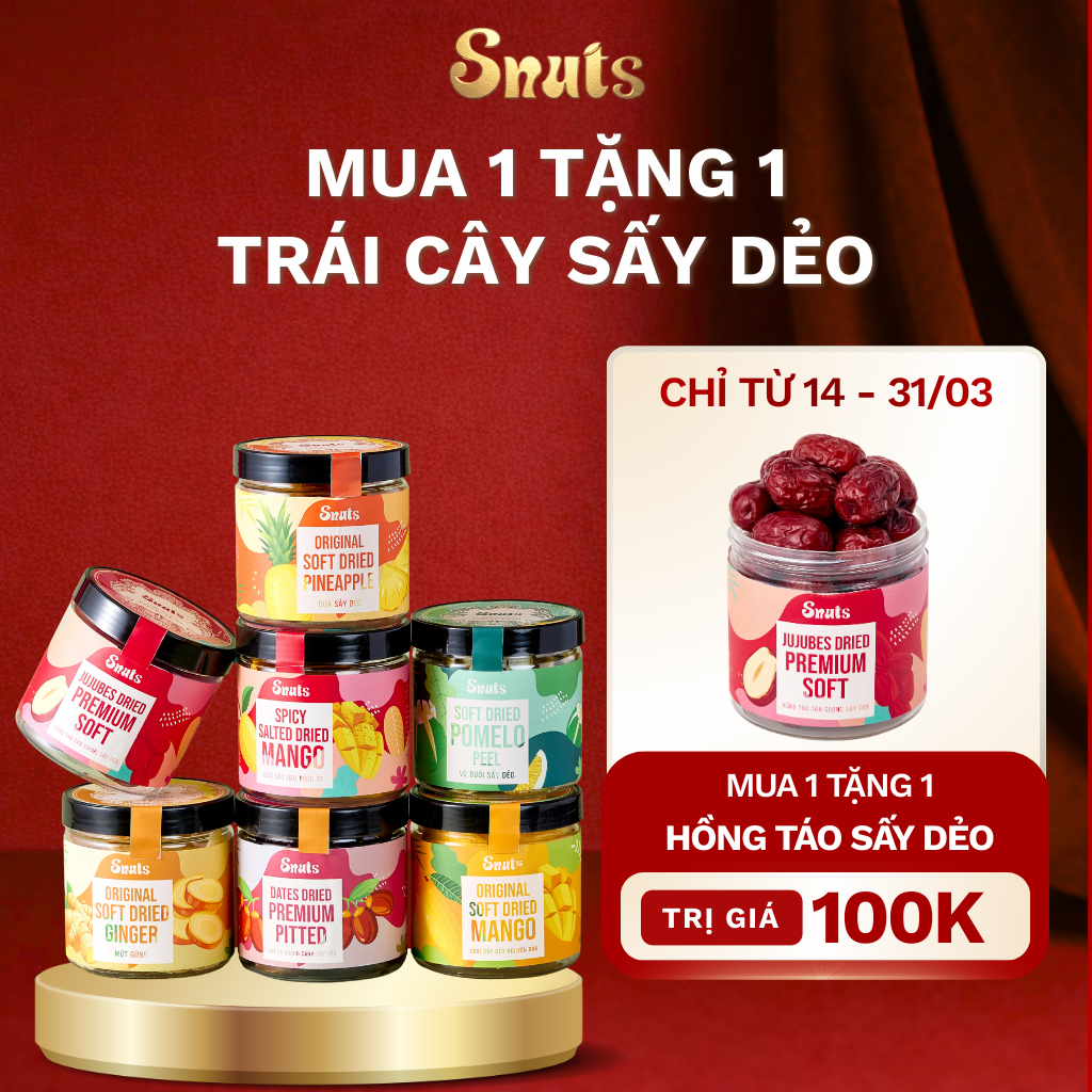 Trái Cây Sấy Dẻo SNUTS - Táo đỏ, Gừng, Dứa, Vỏ bưởi, Xoài, Chà Là, Mứt Trái Cây Healthy