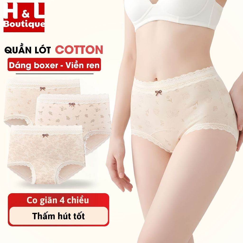 Combo Quần Lót Nữ Cotton Họa Tiết Nhí, Quần Boxer Viền Ren Mềm Mịn Thoáng Khí Hl BOUTIQUE L5272
