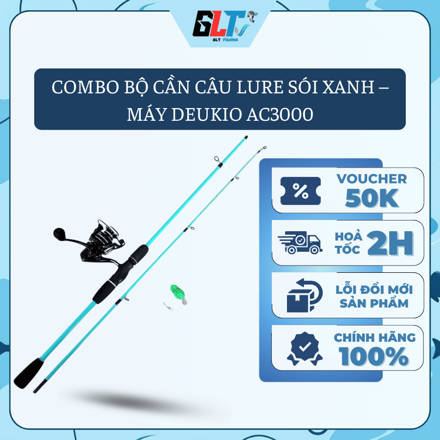 Combo Bộ Cần Câu Cá Lure Sói Xanh Máy 2000 Kèm Mồi Nhái, Móc Khóa Snap Câu Cá Tiện Lợi - GLT Fishing