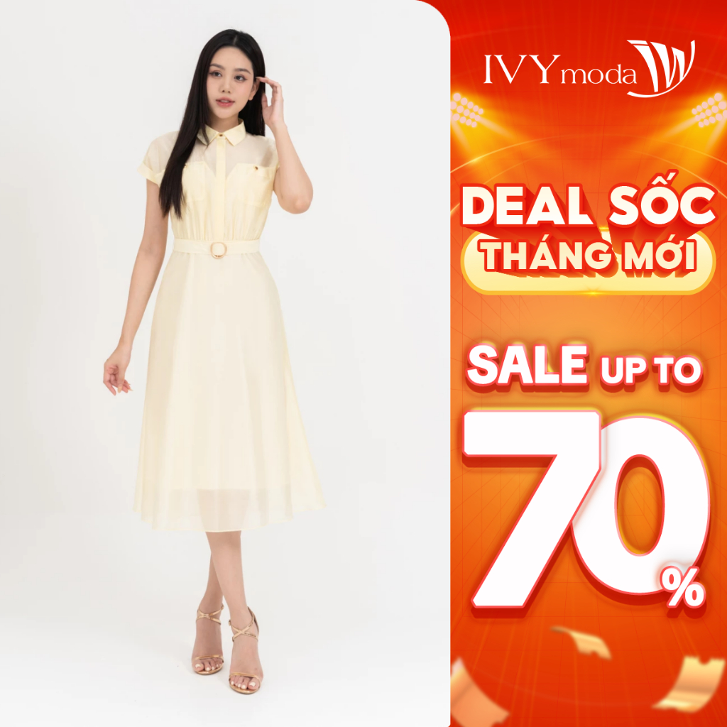 Đầm lụa dáng xòe phối đai nữ IVY moda MS 48M8275