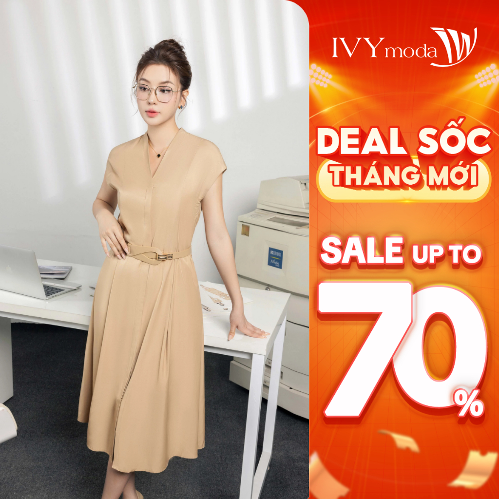 Đầm xòe cổ V phối đai nữ IVY moda MS 47M8697