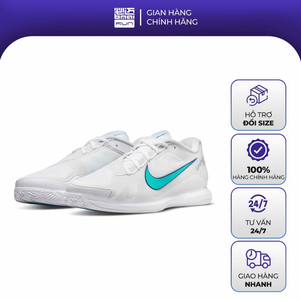 Giày Pickleball Court Air Zoom Vapor Pro Trắng Xanh Thoáng Khí, Đế Bám Sân