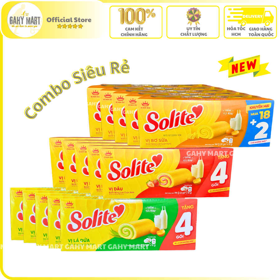 [COMBO 3/ 5 Khay] Bánh bông lan Cuộn Solite vị Lá Dứa/ Dâu/ Bơ sữa - Khay 18 gói ⚜️GAHY MART⚜️