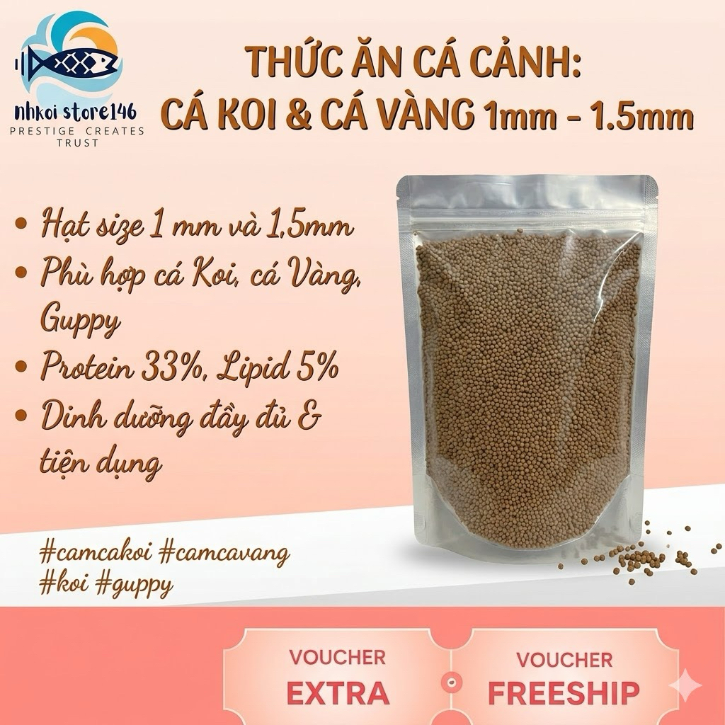 Cám cá cảnh, cá Koi, cá vàng( 1mm- 1,5 mm) siêu đạm