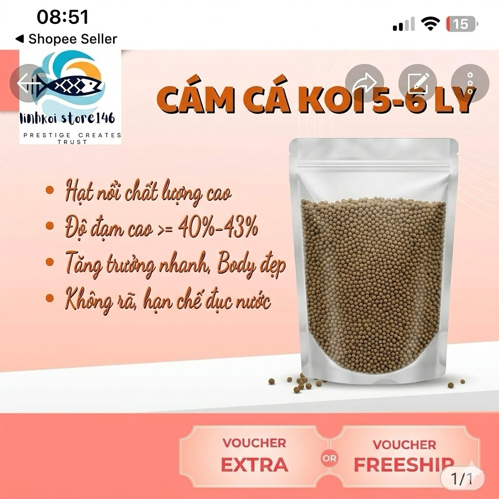 Cám cá koi  40 % đạm hạt 6-7 ly