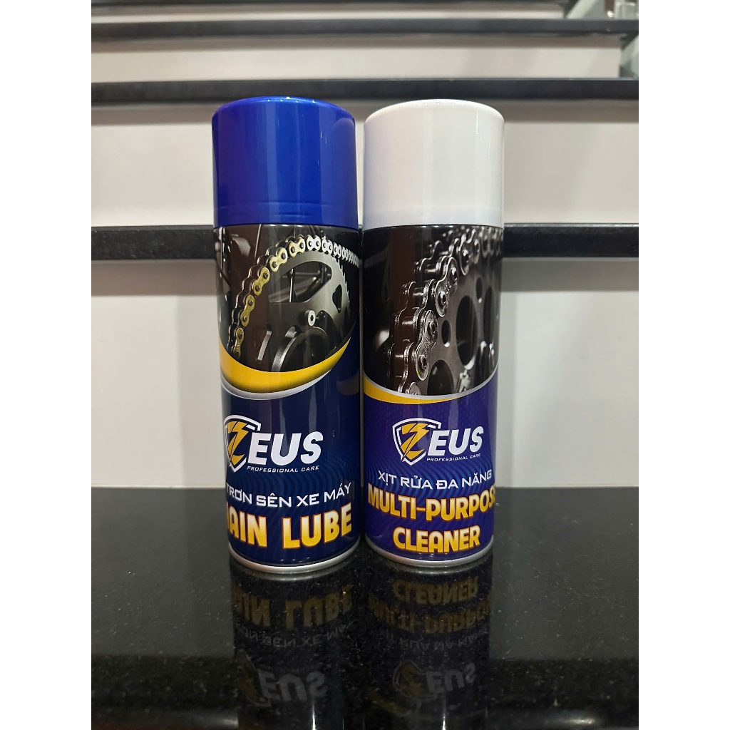 COMBOM  Dưỡng sên Zeus chain Lube 400ml, Rửa sên Zeus Chain Cleaner 400ml tặng kèm chà sên 3D