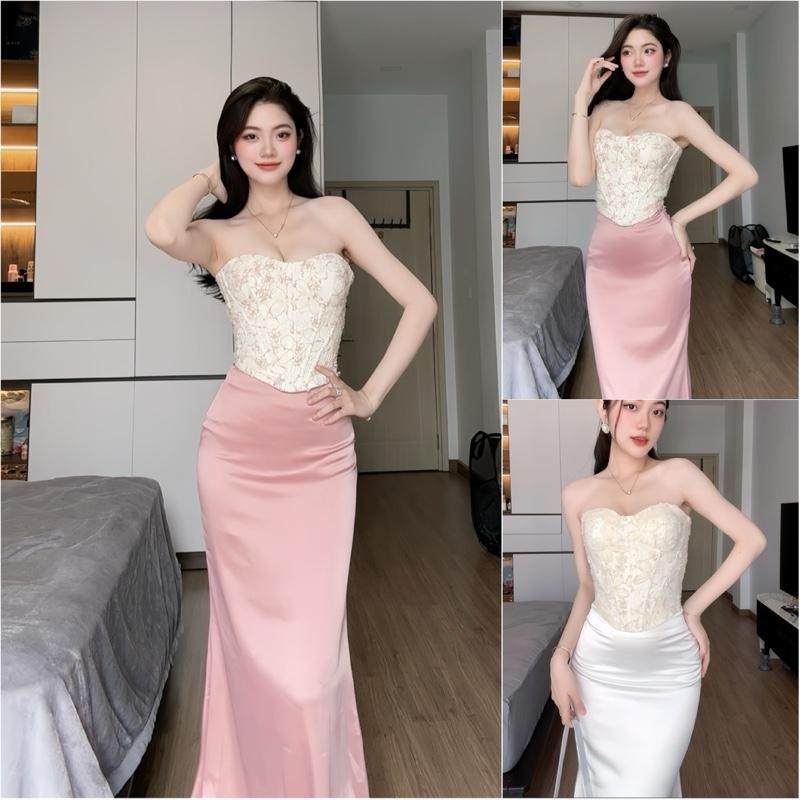 A121A Set Áo Corset Phối Chân Váy Lụa Đuôi Cá (có gọng thật, khóa kéo hông) Dây Rút Sau Lưng Tôn Eo