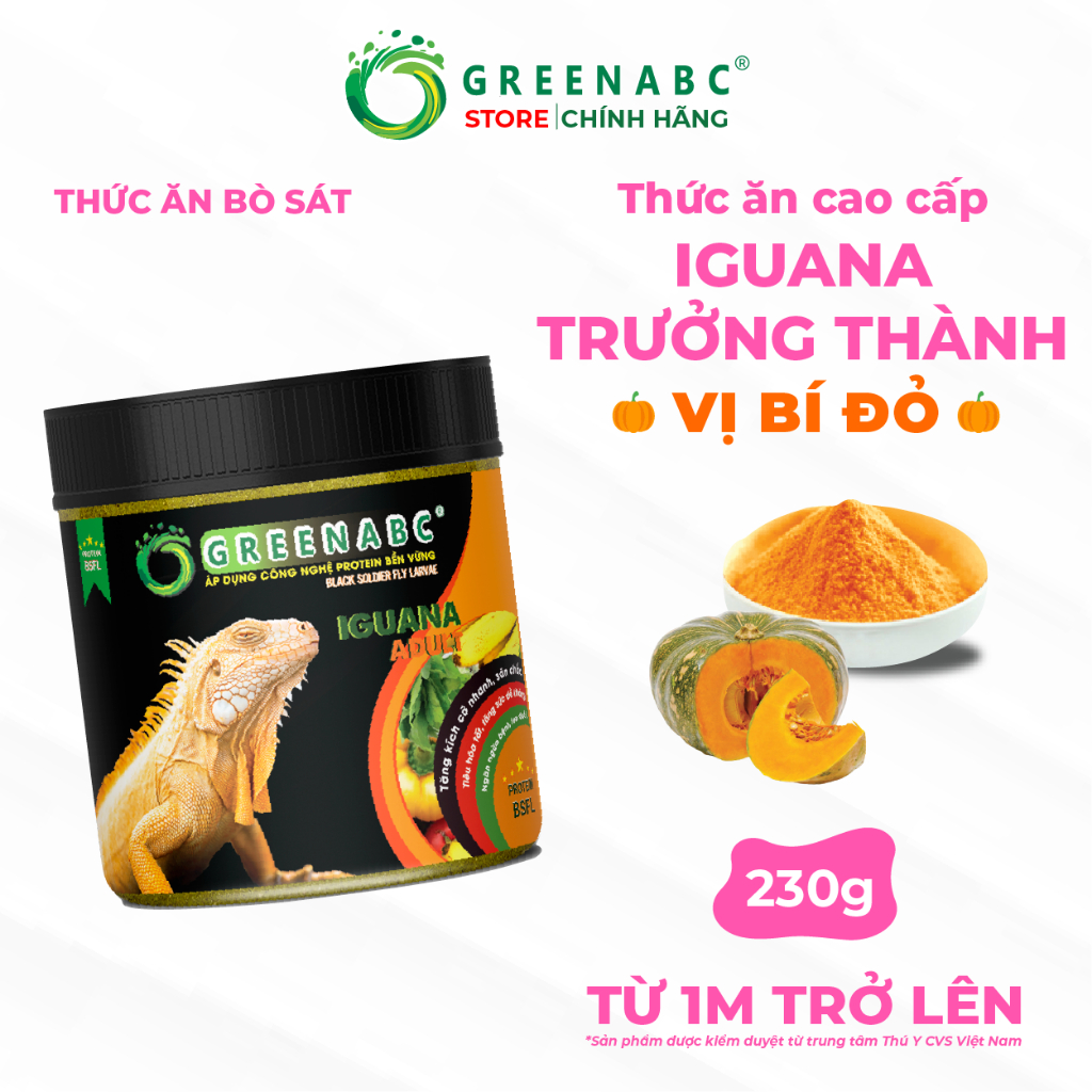 Thức ăn Iguana Trưởng Thành GREENABC. Vị bí đỏ dùng cho Iguana từ 1m trở lên – Gai bung, gù cao, dán