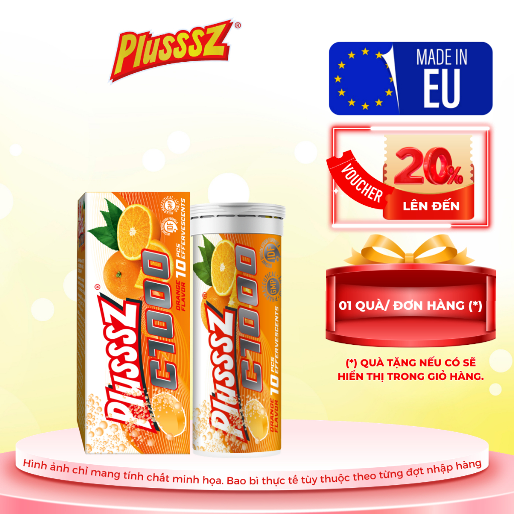 Viên sủi Plusssz Vitamin C1000 vị cam không đường  - HÀNG NHẬP CHÍNH HÃNG - Tuýp 10 viên sủi 4g