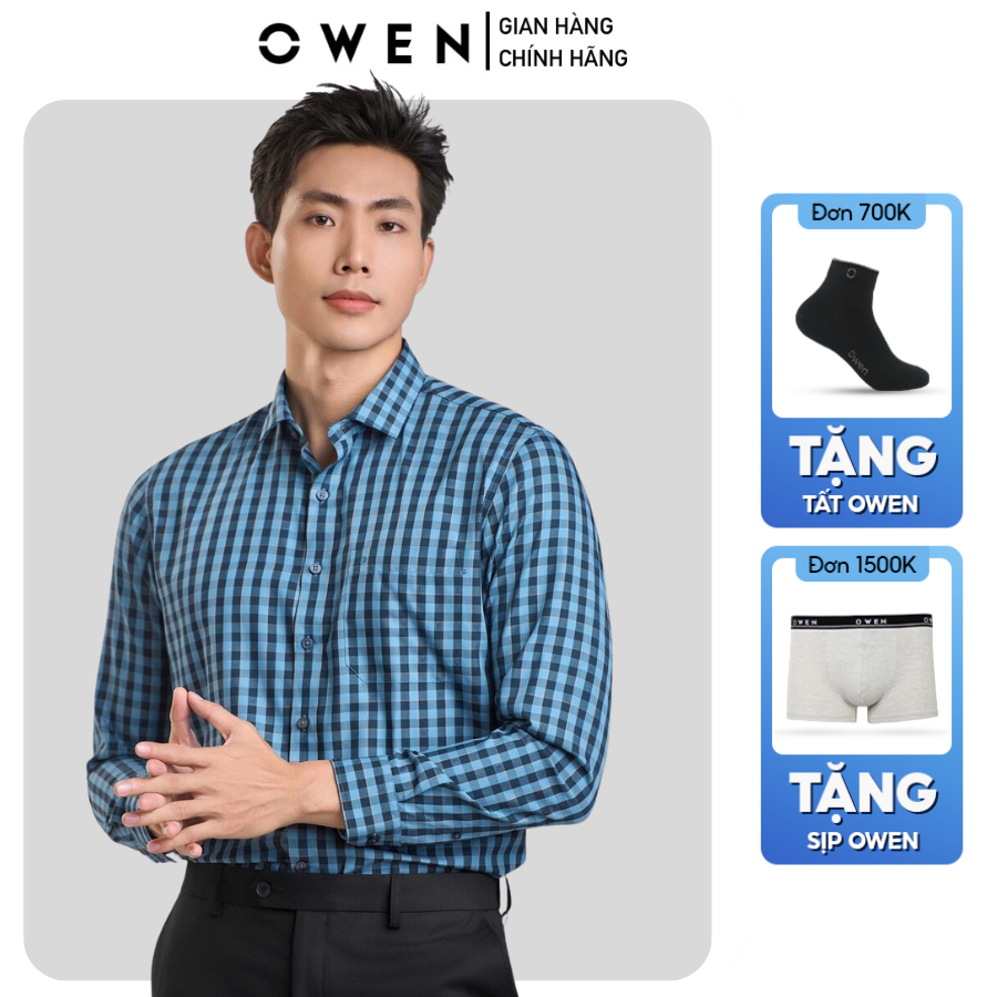 Áo Sơ Mi Nam Dài Tay Owen AR240505DT màu xanh kẻ ô sáng dáng regular fit tà lượn, chất liệu bambo mề