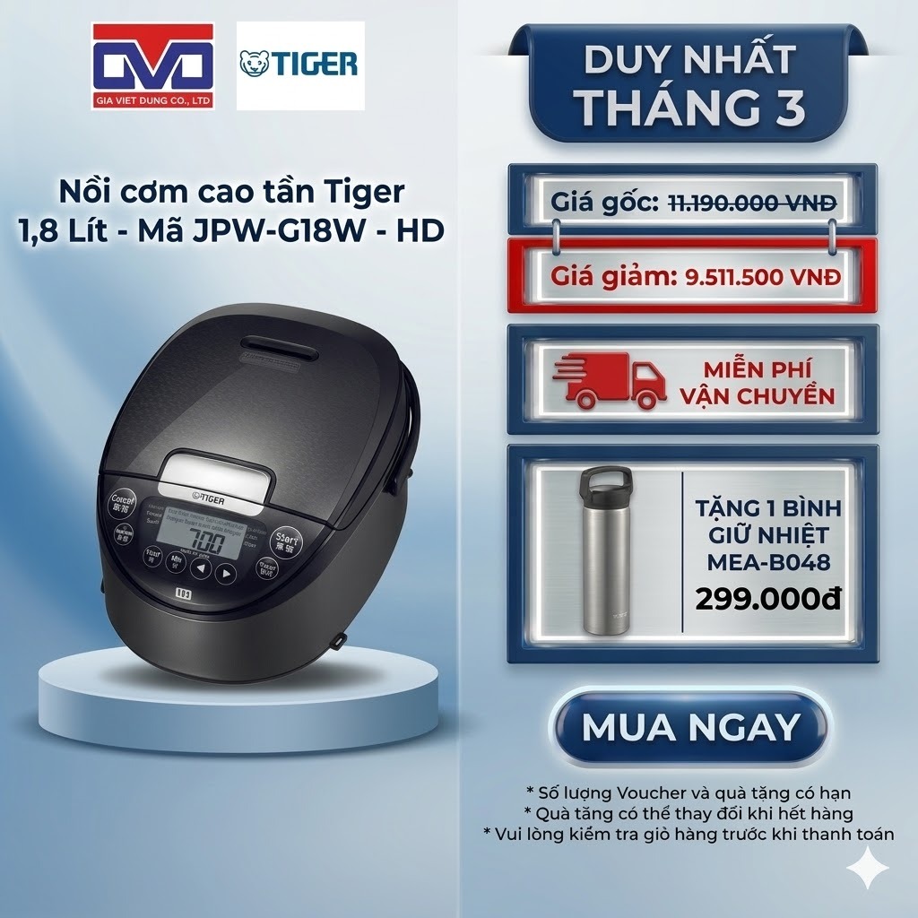 Nồi cơm điện cao tần Tiger 1.8 Lít - Nấu cơm với hơn 100 năm kinh nghiệm - JPW-G18W- Hàng chính hãng