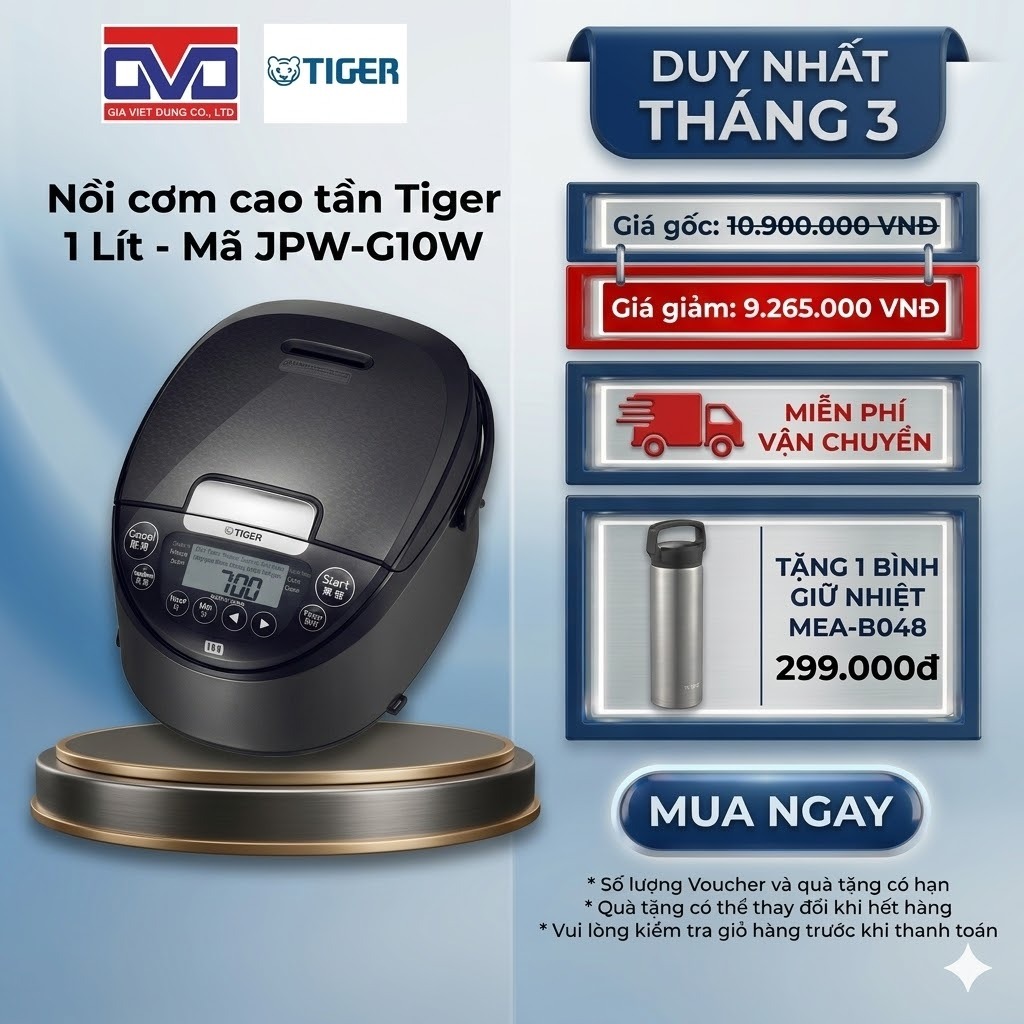 Nồi cơm điện cao tần Tiger 1 Lít JPW-G10W - Lòng nồi men gốm - Hàng chính hãng