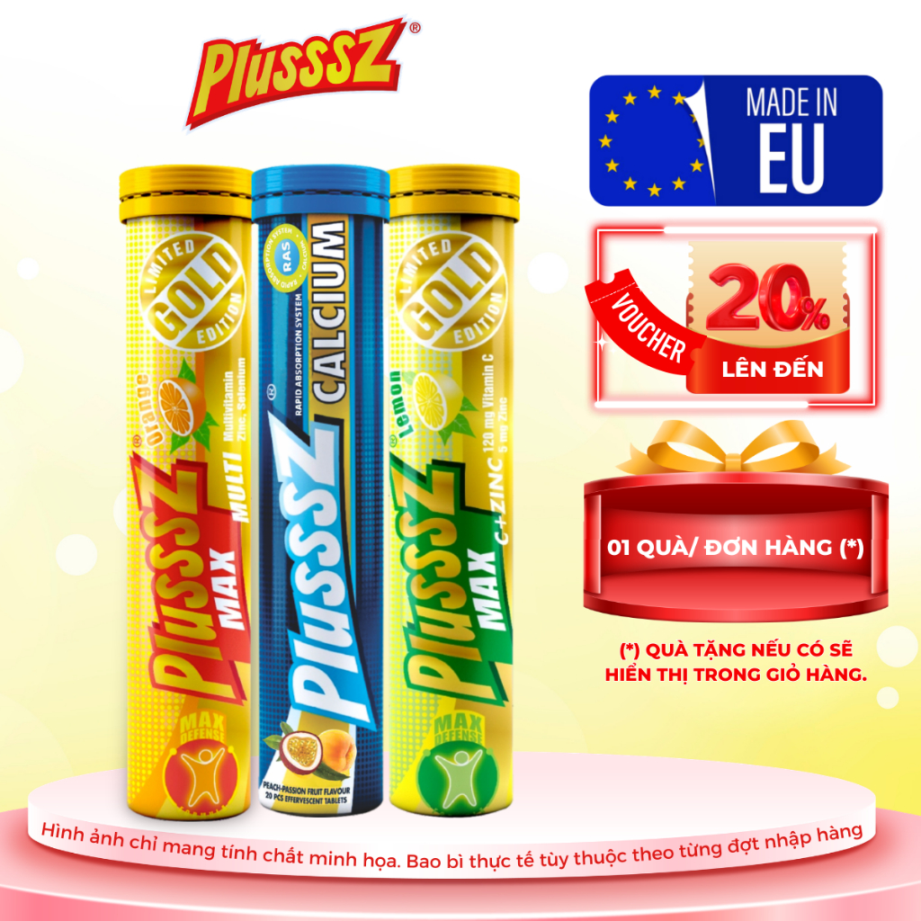 (3 TUYP) Plusssz Max multivitamin vị Cam + Plusssz Max vitamin C vị Chanh + Plusssz Canxi vị Đào mix