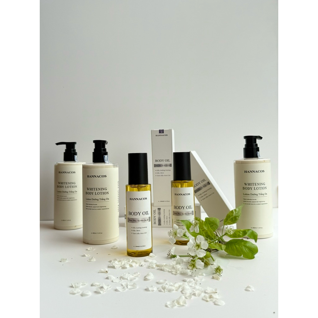 Combo Body Lotion Dưỡng Trắng và Body Oil BHA Hannacos