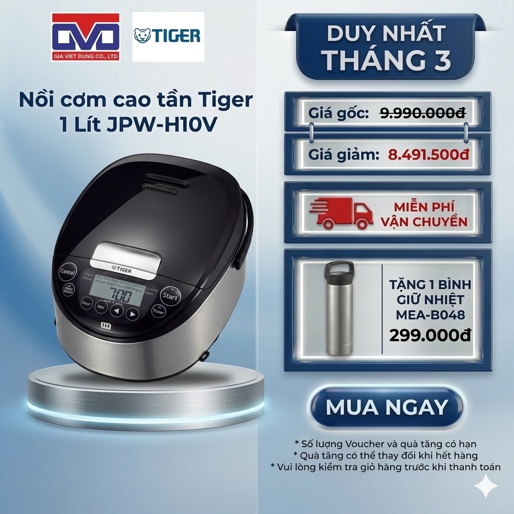 Nồi cơm điện cao tần Tiger 1 Lít - 14 chế độ nấu thông minh - JPW-H10V - Hàng chính hãng