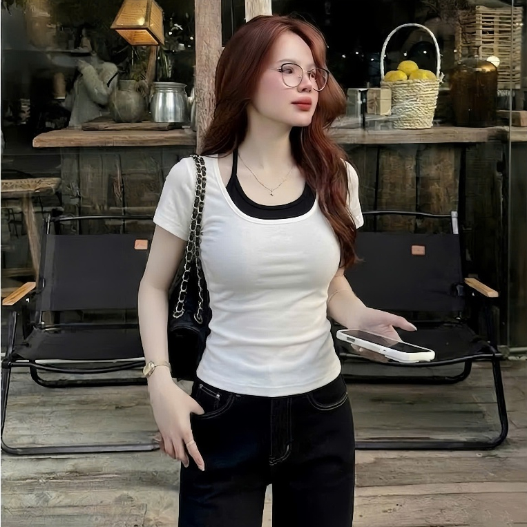 [SUMMER VIBE] Áo Thun Cotton Ôm Body 2 Lớp Cổ Vuông Phối Bra Dây Yếm Thắt Sau Cổ Tôn Dáng – Giveme.clothing_saigon | BigBuy360 - bigbuy360.vn