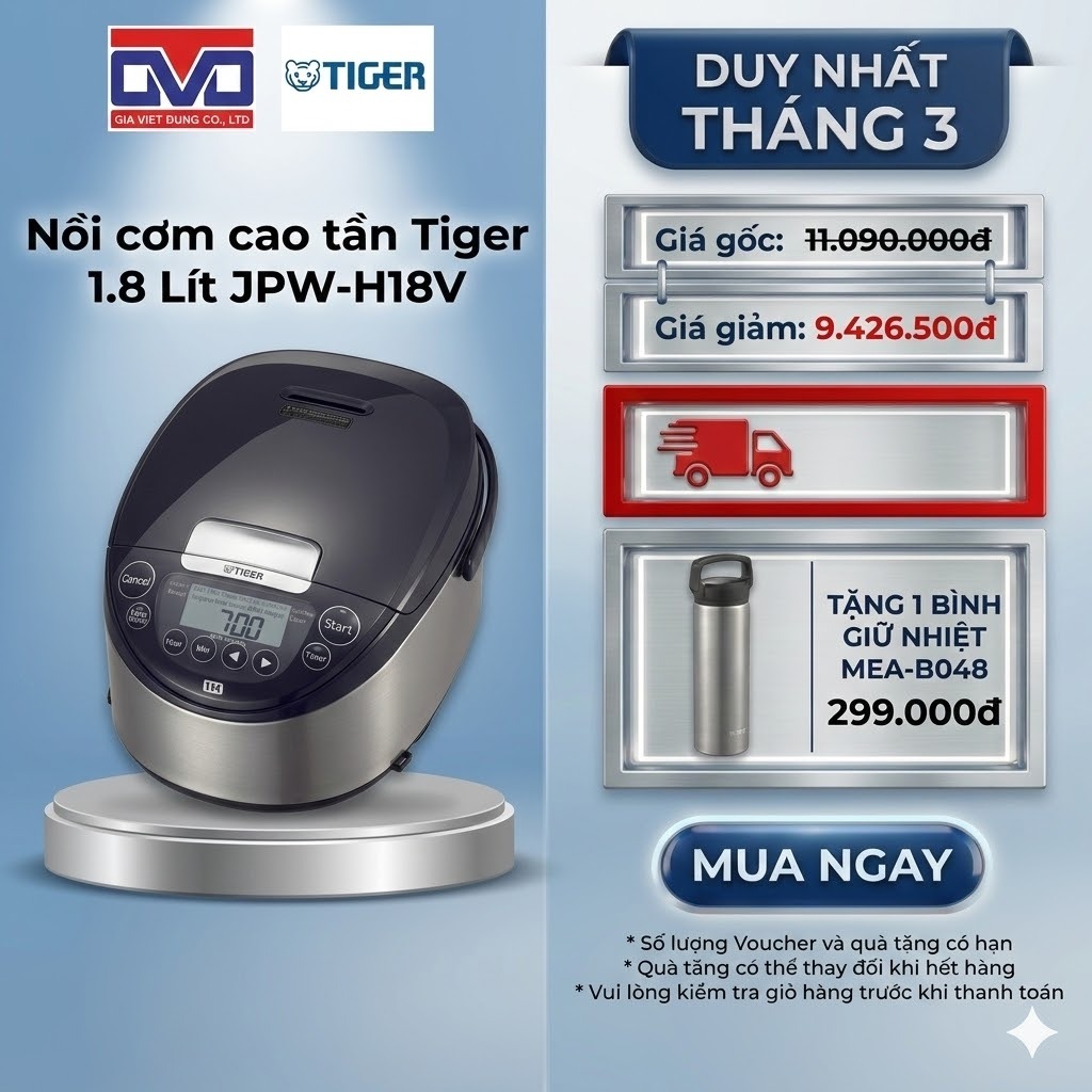Nồi Cơm Điện Cao Tần Tiger 1.8 Lít - 14 chế độ nấu thông minh - JPW-H18V - Hàng chính hãng