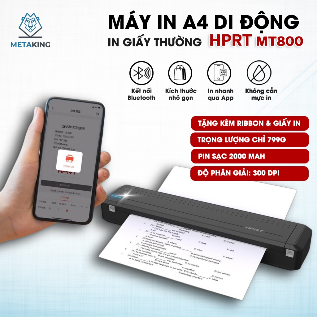Máy In Di Động HPRT MT800 Khổ A4 Giấy Thường Kết Nối Bluetooth Type C In Từ Điện Thoại Máy Tính