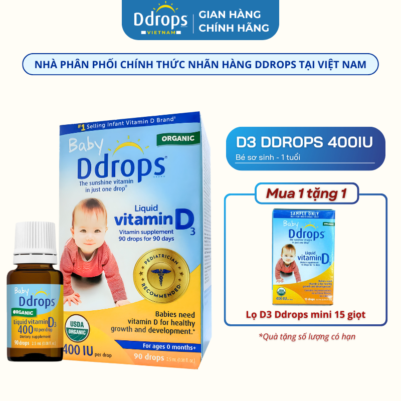 D3 Thuần Organic Ddrops 400IU dạng lỏng nhỏ giọt bổ sung vitamin D3 cho bé tăng cường sức đề kháng khỏe mạnh <1y