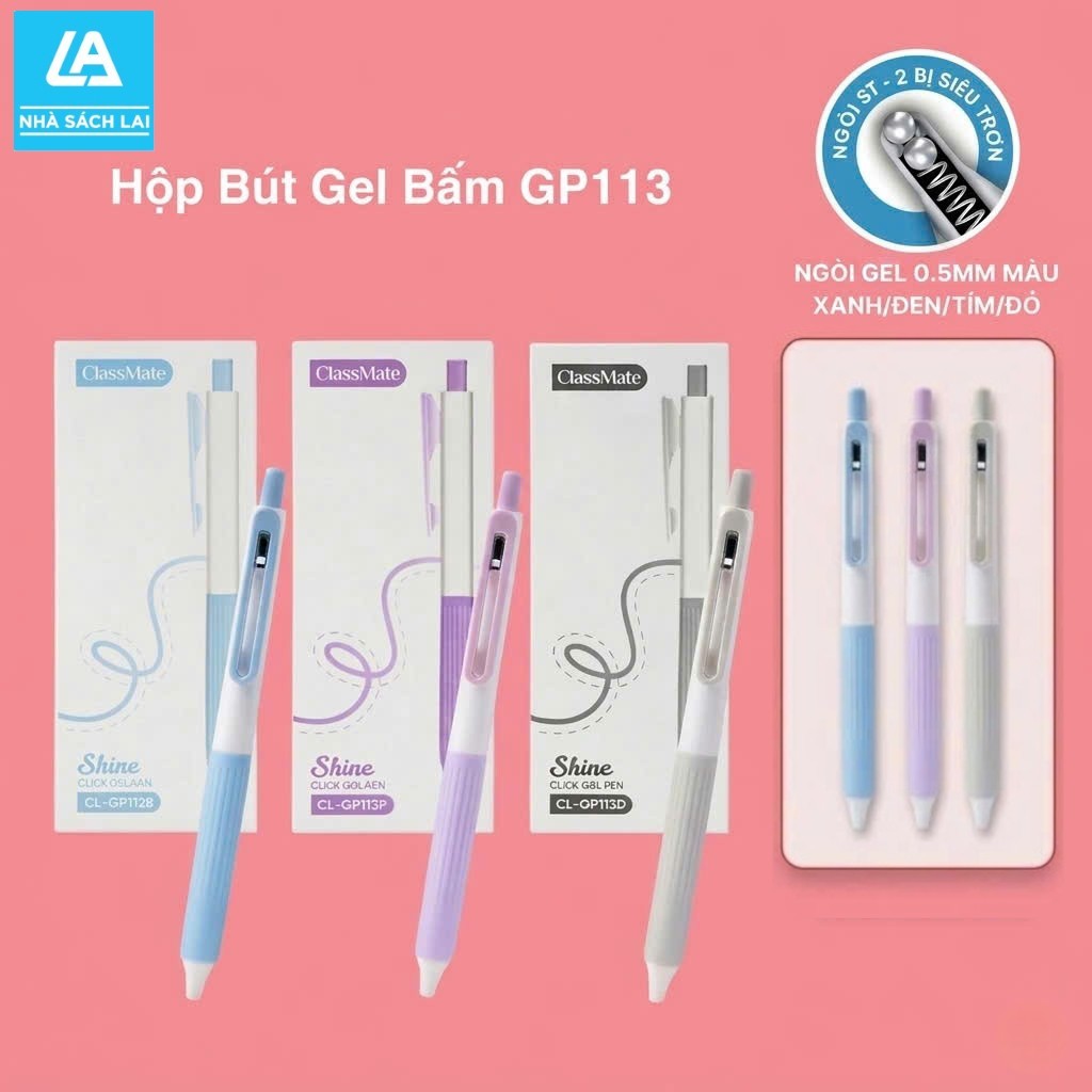 Hộp 10 Bút Gel Bấm GP113 ClassMate Ngòi 0.5mm ST 2 Bi Viết Trơn Êm Mau Khô Mực Xanh Đen Tím