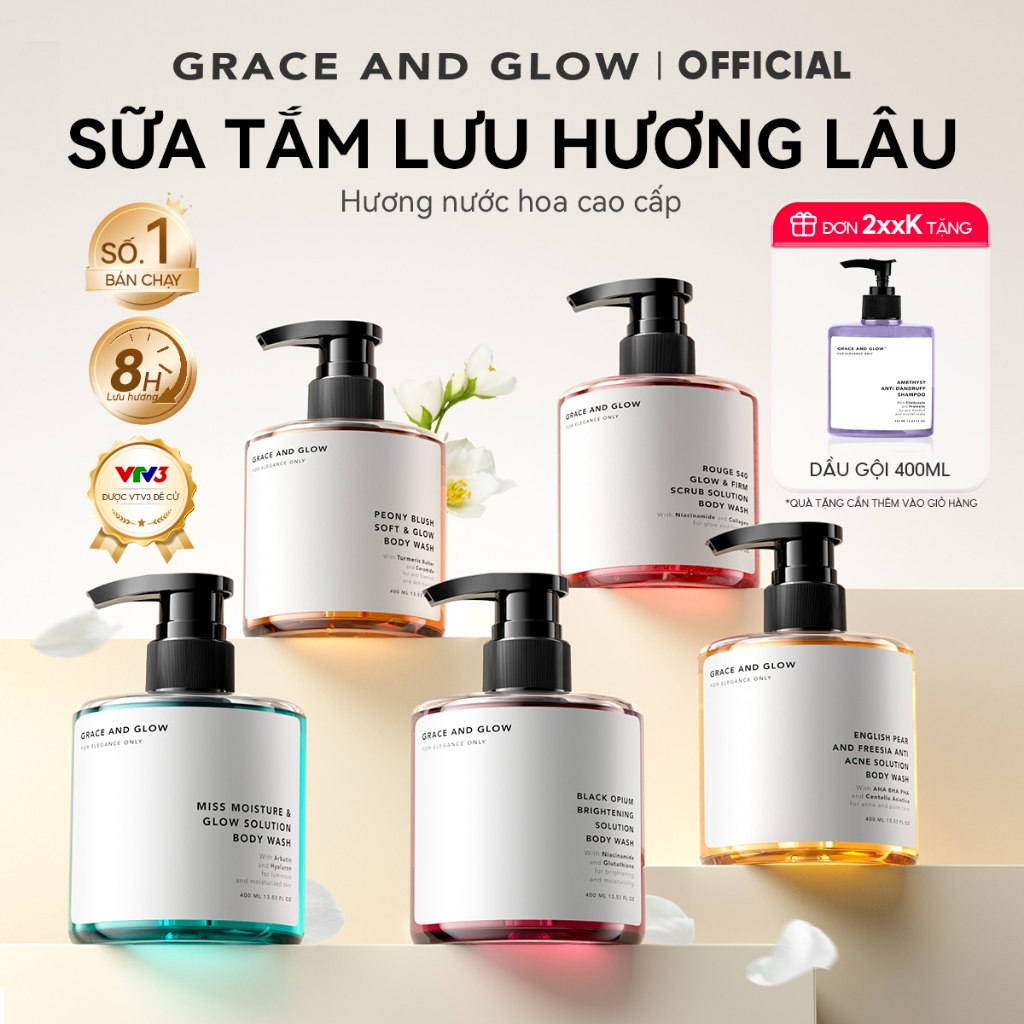 Sữa tắm trắng da hỗ trợ dưỡng ẩm tẩy da chết Grace and Glow nước hoa Body Wash 400ml Niacinamide lưu