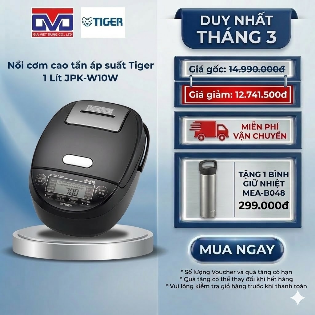 Nồi Cơm Điện Tử Cao Tần Áp Suất Tiger 1 Lít - Mô phỏng nồi niêu đất - JPK-W10W - Hàng chính hãng