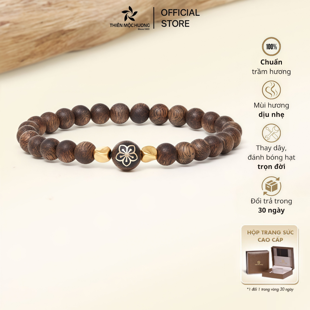 Vòng tay trầm hương đơn nam nữ khảm vàng -Trầm Hương Việt Nam 20-25 năm Thiên Mộc Hương mang bình an
