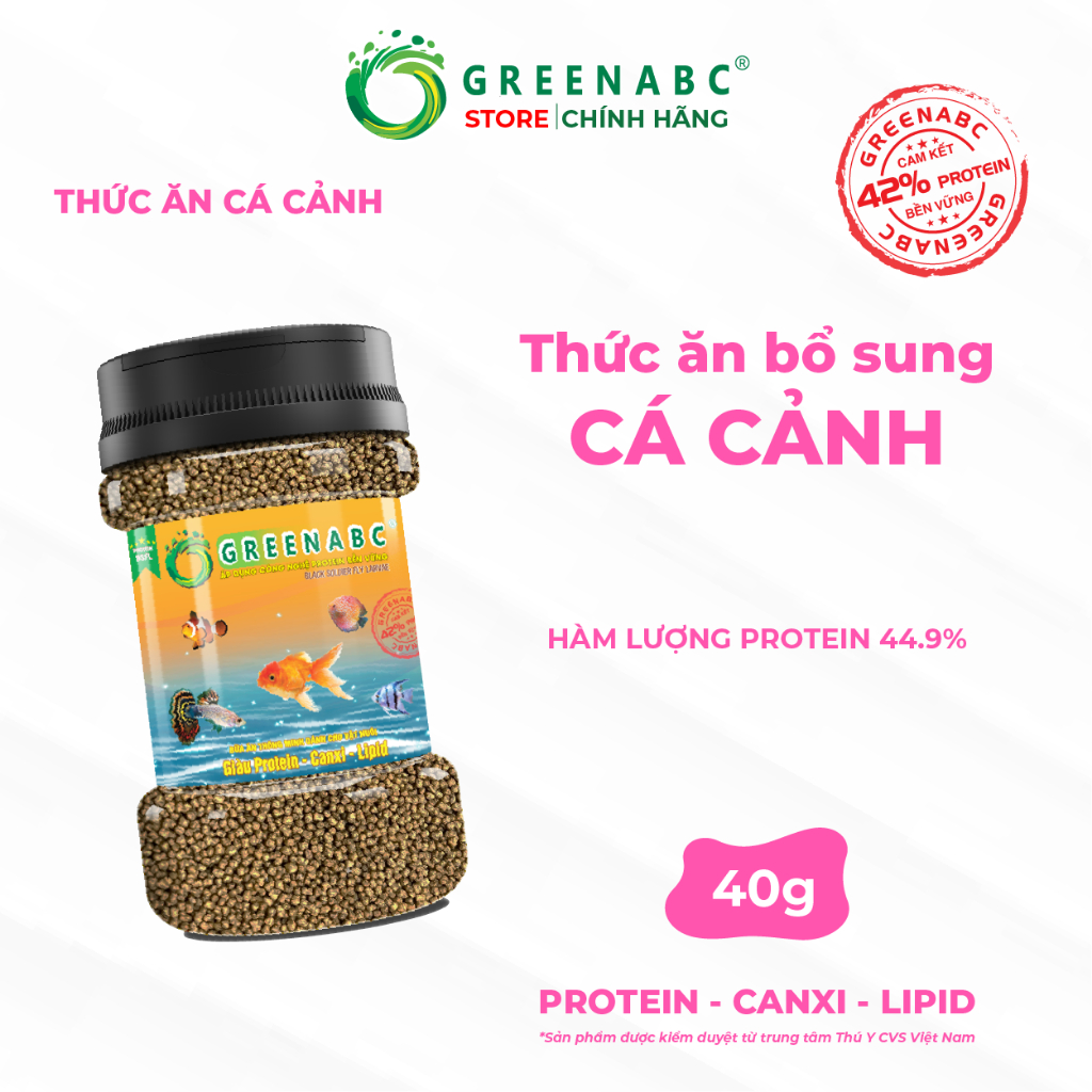 Cám cá bổ sung các loại cá cảnh nhỏ GREENABC - Độ đạm 40, tăng size, tăng màu. Hộp 40g