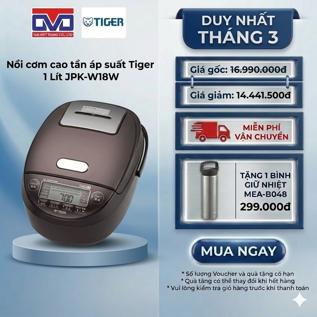 Nồi cơm điện tử cao tần áp suất Tiger 1.8 Lít - 100 năm kinh nghiệm nấu cơm- JPK-W18W - Chính hãng