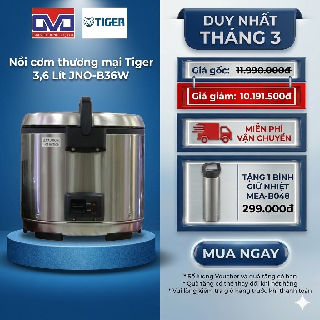 Nồi cơm điện công nghiệp Tiger 3.6 lít - Công nghệ chống cháy độc quyền - JNO-B36W - Hàng chính hãng