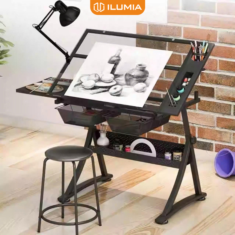 Bàn vẽ kỹ thuật mặt kính cường lực tuỳ chỉnh góc nghiêng kèm đèn kẹp đầy đủ công năng ILUMIA - GN87
