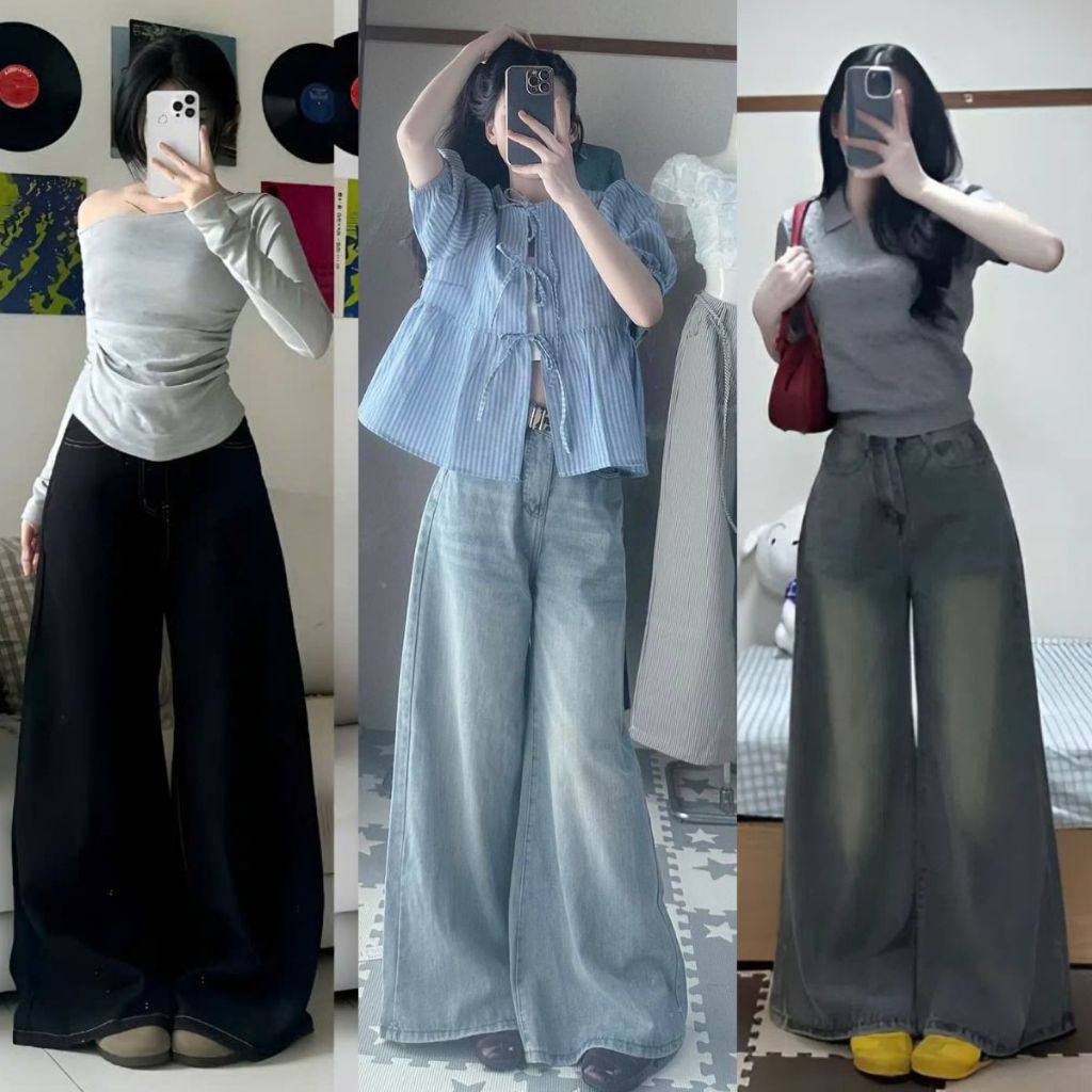 Quần Jean Nữ ống SIÊU RỘNG cạp cao MIAA Phong Cách Hàn Quốc TÔN DÁNG chất bò mềm denim đầy đủ size