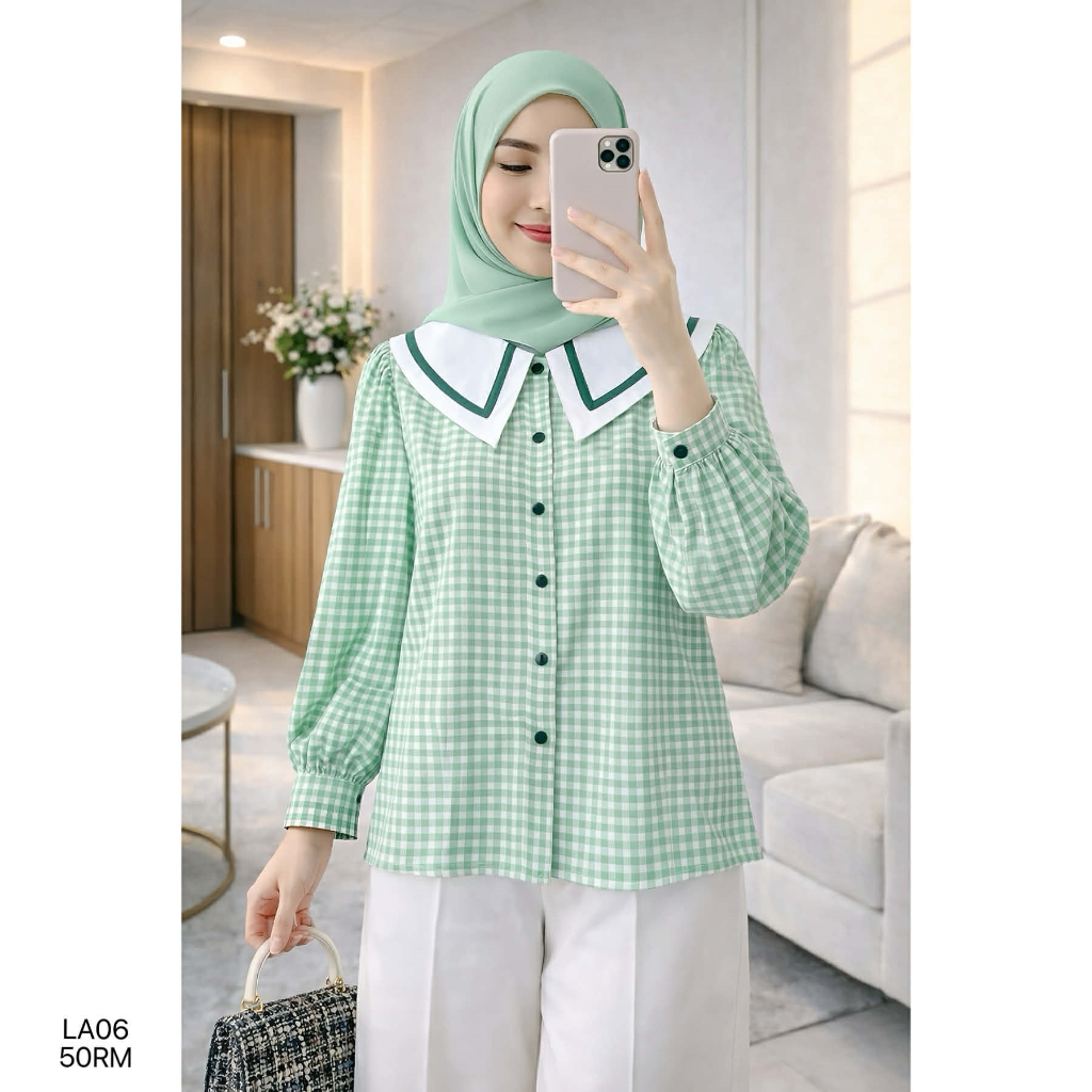 Women puff sleeve shirt checkered fabric kemeja wanita lengan puff corak kotak cantik CHUU A2940