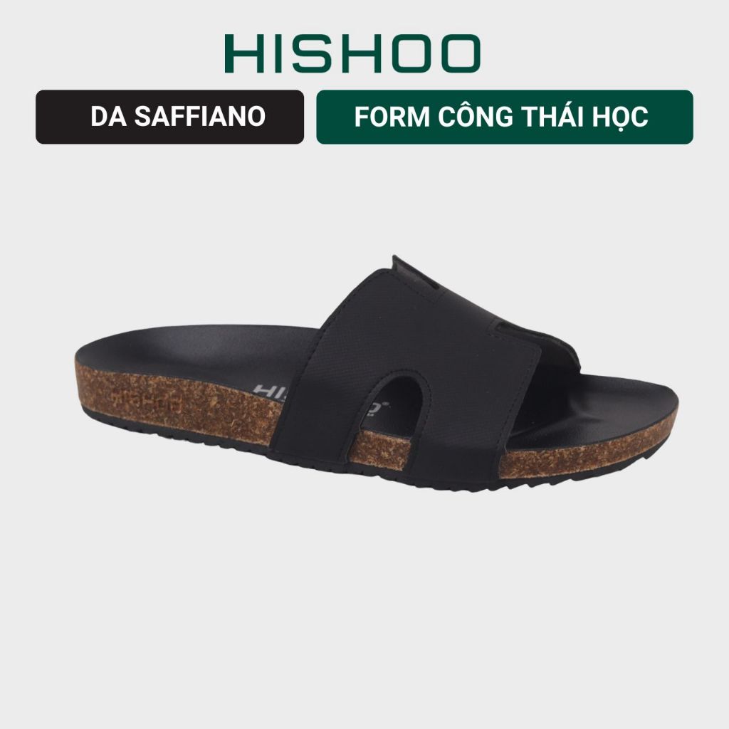 Dép đế trấu birken nam nữ unisex Chữ H MẶT ĐEN da SAFFIANO  Hishoo M095