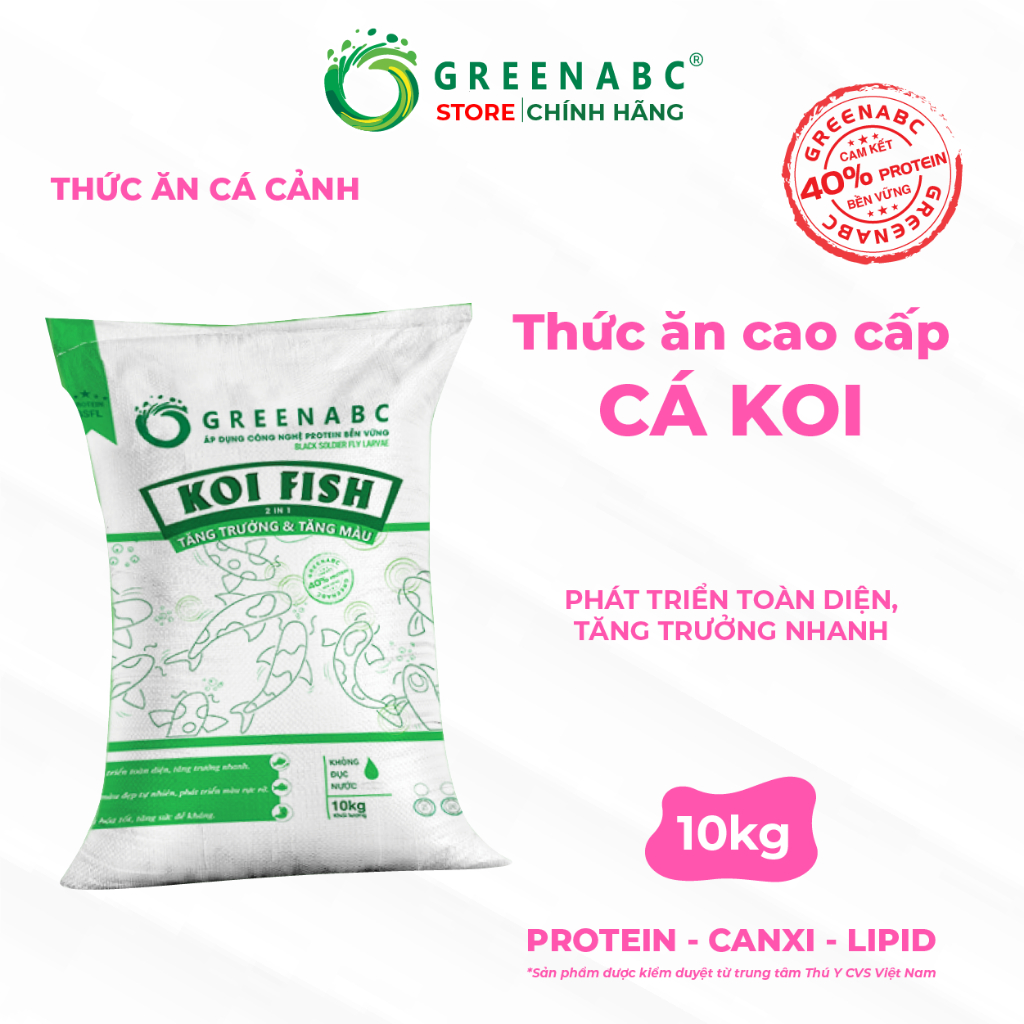 Cám cá koi GREENABC - Độ đạm 40, tăng size, tăng màu, vảy đẹp, dáng khỏe - Bao 10kg