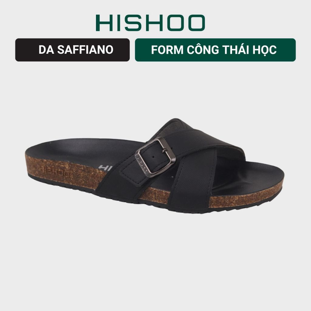 Dép đế trấu birken nam nữ unisex quai chéo ( CÓ KHÓA )  MẶT ĐEN da SAFFIANO  Hishoo M096