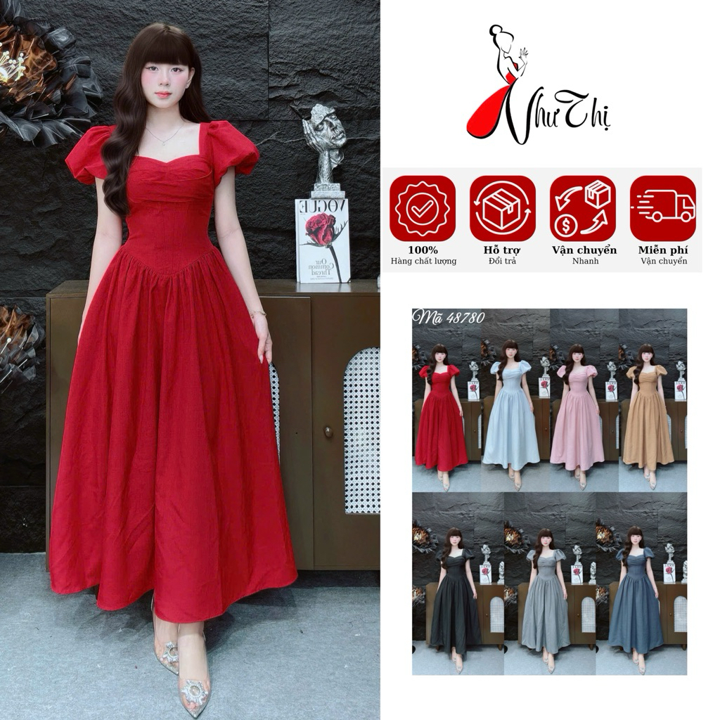 C135 Đầm dài cổ vuông tay phồng