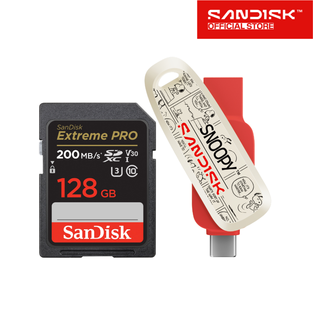 Combo Thẻ nhớ SD Sandisk Extreme Pro 128GB và USB 3.2 OTG Sandisk Snoopy Phone Drive Type-C SDDDC6 1